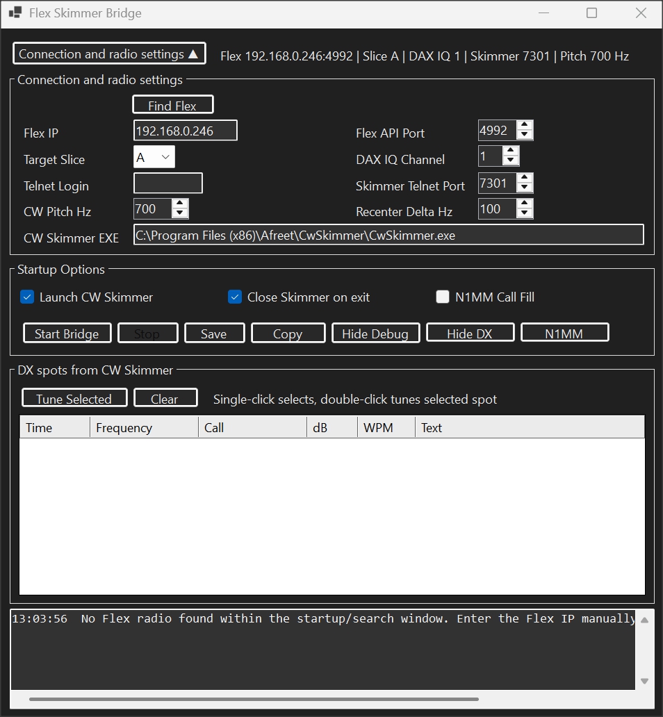 Flex Skimmer Bridge application window showing connection settings, startup options, DX spots, and debug log